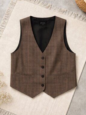 Maison D'Amelie Women's Vest Waistcoat Size L Brown Plaid
